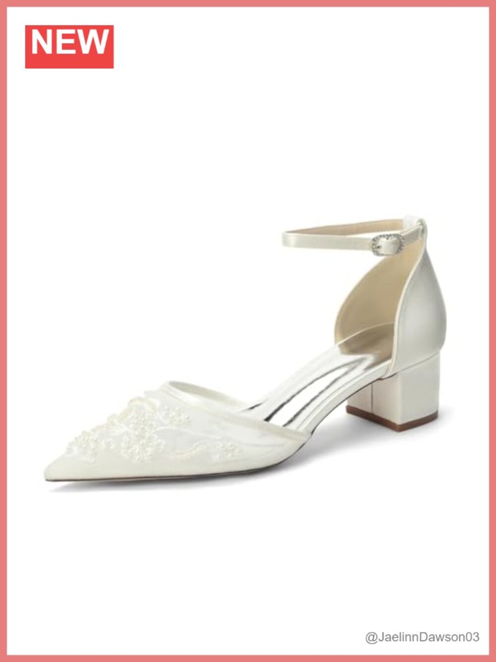 Ivory Satin Block Heel Pumps with Pearl Ankle Strap